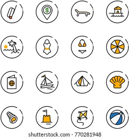line vector icon set - suitcase vector, dollar pin, lounger, bungalow, palm, swimsuit, parasol, passport, sail boat, tent, shell, sand castle, kite, beach ball