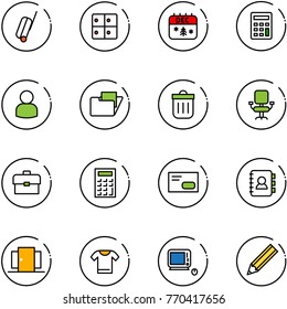 line vector icon set - suitcase vector, baggage room, christmas calendar, calculator, user, folder, trash bin, office chair, portfolio, envelope, contact book, doors, t shirt, monoblock pc, pencil