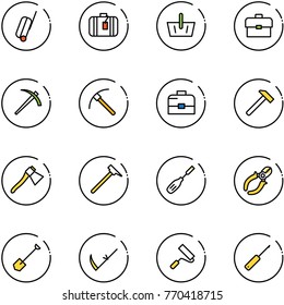 line vector icon set - suitcase vector, basket, portfolio, job, rock axe, case, hammer, mason, chisel, side cutters, shovel, scythe, paint roller, awl