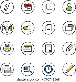 line vector icon set - suitcase vector, christmas calendar, first aid room, user, group, share, document, folder, printer, schedule, agreement, highlight marker, sea hotel, monoblock pc, clock