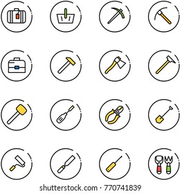 line vector icon set - suitcase vector, basket, job, rock axe, case, hammer, mason, rubber, chisel, side cutters, shovel, paint roller, rasp, awl, fork toy