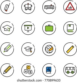 line vector icon set - suitcase vector, airport bus, children road sign, graduate hat, presentation board, case, book, highlight marker, volleyball, ruler, pencil, abc cube, toy