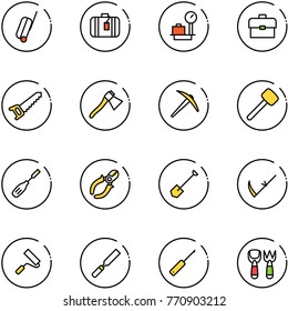 line vector icon set - suitcase vector, baggage scales, portfolio, saw, axe, rubber hammer, chisel, side cutters, shovel, scythe, paint roller, rasp, awl, fork toy