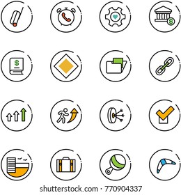 line vector icon set - suitcase vector, phone alarm, heart gear, account, annual report, main road sign, folder, link, arrows up, career, solution, check, hotel, beanbag, boomerang