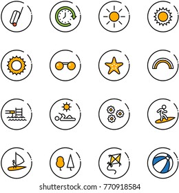 line vector icon set - suitcase vector, clock around, sun, sunglasses, starfish, rainbow, pool, reading, flower, surfing, windsurfing, forest, kite, beach ball