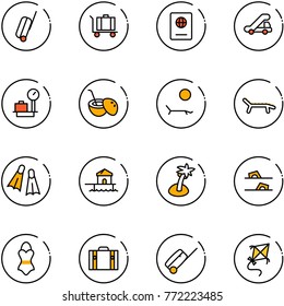 line vector icon set - suitcase vector, baggage, passport, trap truck, scales, coconut cocktail, lounger, flippers, bungalow, palm, flip flops, swimsuit, kite