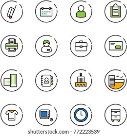 line vector icon set - suitcase vector, schedule, user, clipboard, printer, manager, portfolio, envelope, building, contact book, bank, hotel, t shirt, monoblock pc, clock, tool cabinet