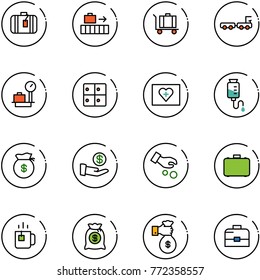 line vector icon set - suitcase vector, baggage, truck, scales, room, first aid kit, drop counter, money bag, investment, case, green tea, rich