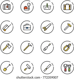 line vector icon set - suitcase vector, baggage scales, basket, case, saw, hammer, axe, mason, chisel, side cutters, shovel, paint roller, rasp, fork toy