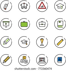 line vector icon set - suitcase vector, airport bus, children road sign, graduate hat, presentation board, case, portfolio, book, highlight marker, pennant, ruler, pencil, abc cube, abacus