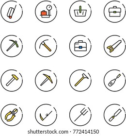 line vector icon set - suitcase vector, baggage scales, basket, portfolio, job, rock axe, case, saw, hammer, mason, chisel, side cutters, scythe, farm fork, rasp