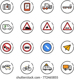 line vector icon set - suitcase vector, parking sign, fork loader, baggage truck, encashment car, climb road, abrupt turn right, rough, no horn, bus, detour, paper fly, helicopter, bike, toy