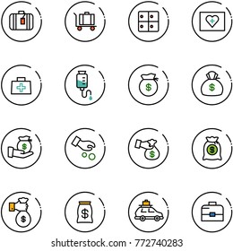 line vector icon set - suitcase vector, baggage, room, first aid kit, doctor bag, drop counter, money, investment, encashment, rich, car, case