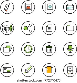 Line Vector Icon Set - Suitcase Vector, Baggage Room, First Aid, Schedule, Group, Share, Document, Folder, Time, Trash Bin, Office Chair, Envelope, Highlight Marker, Doors, Tool Cabinet