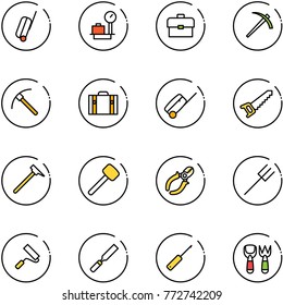 line vector icon set - suitcase vector, baggage scales, portfolio, job, rock axe, saw, mason hammer, rubber, side cutters, farm fork, paint roller, rasp, awl, shovel toy