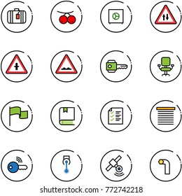 line vector icon set - suitcase vector, rowanberry, safe, oncoming traffic road sign, intersection, rough, key, office chair, flag, book, list, jalousie, wireless, laser, satellite, allen