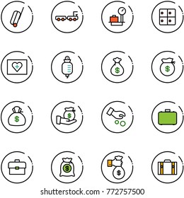 line vector icon set - suitcase vector, baggage truck, scales, room, first aid kit, drop counter, money bag, investment, case, portfolio, rich