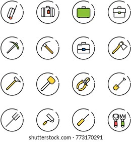 line vector icon set - suitcase vector, case, portfolio, job, rock axe, mason hammer, rubber, side cutters, shovel, farm fork, paint roller, awl, toy