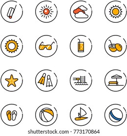 line vector icon set - suitcase vector, sun, clouds, sunglasses, drink, coconut cocktail, starfish, flippers, pool, inflatable, flip flops, ball, windsurfing