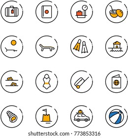 line vector icon set - suitcase vector, passport, baggage scales, coconut cocktail, lounger, flippers, bungalow, flip flops, swimsuit, shell, sand castle, car, beach ball
