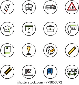 line vector icon set - suitcase vector, airport bus, children road sign, graduate hat, presentation board, portfolio, book, pennant, volleyball, ruler, pencil, abacus, abc, toy