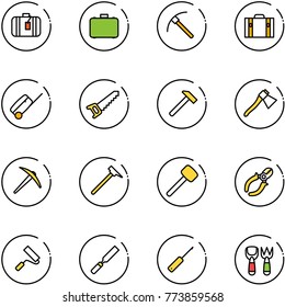 line vector icon set - suitcase vector, case, rock axe, saw, hammer, mason, rubber, side cutters, paint roller, rasp, awl, shovel fork toy