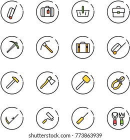 line vector icon set - suitcase vector, basket, portfolio, job, rock axe, hammer, rubber, side cutters, scythe, paint roller, awl, shovel fork toy