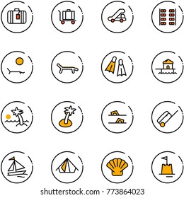 line vector icon set - suitcase vector, baggage, trap truck, plane seats, lounger, flippers, bungalow, palm, flip flops, sail boat, tent, shell, sand castle