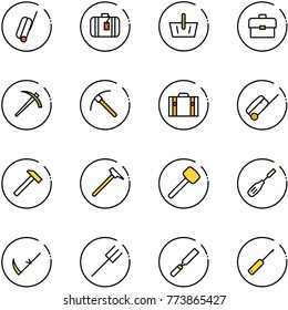 line vector icon set - suitcase vector, basket, portfolio, job, rock axe, hammer, mason, rubber, chisel, scythe, farm fork, rasp, awl