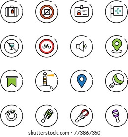 line vector icon set - suitcase vector, no computer sign, identity, first aid room, alcohol, bike road, low volume, map pin, flag, lighthouse, navigation, beanbag