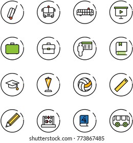 line vector icon set - suitcase vector, airport bus, presentation board, case, portfolio, book, graduate hat, pennant, volleyball, ruler, pencil, abacus, abc, toy