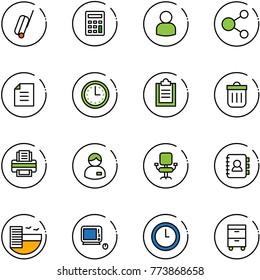 line vector icon set - suitcase vector, calculator, user, share, document, time, clipboard, trash bin, printer, manager, office chair, contact book, hotel, monoblock pc, clock, tool cabinet