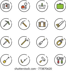 line vector icon set - suitcase vector, baggage scales, basket, case, job, rock axe, saw, mason hammer, chisel, side cutters, shovel, scythe, paint roller, fork toy