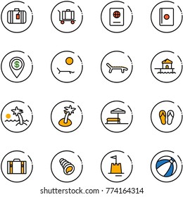 line vector icon set - suitcase vector, baggage, passport, dollar pin, lounger, bungalow, palm, inflatable pool, flip flops, shell, sand castle, beach ball