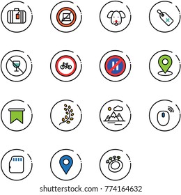 line vector icon set - suitcase vector, no computer sign, dog, medical label, alcohol, bike road, parking even, map pin, flag, golden branch, mountains, mouse wireless, micro flash card, navigation