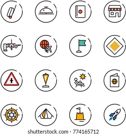 line vector icon set - suitcase vector, client bell, passport, duty free, boarding passengers, plane globe, flag, main road sign, intersection, pennant, beach, hand wheel, tent, sand castle, rocket