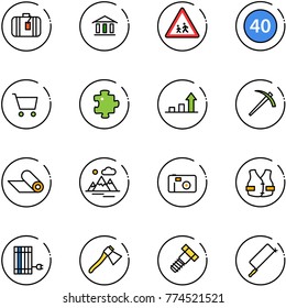 line vector icon set - suitcase vector, bank, children road sign, minimal speed limit, cart, puzzle, growth arrow, job, mat, mountains, photo, life vest, sun panel, axe, bolt, metal hacksaw