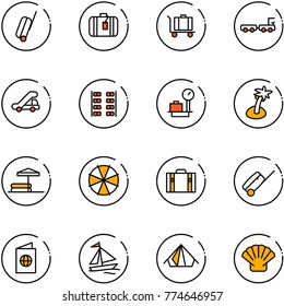 line vector icon set - suitcase vector, baggage, truck, trap, plane seats, scales, palm, inflatable pool, parasol, passport, sail boat, tent, shell