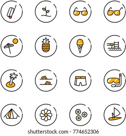 line vector icon set - suitcase vector, sproute, sunglasses, beach, pineapple, ice cream, pool, palm, flip flops, swimsuit, diving, tent, flower, windsurfing