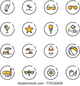 line vector icon set - suitcase vector, sproute, sunglasses, drink, starfish, ice cream, palm, inflatable pool, flip flops, swimsuit, ball, diving, dragonfly, flower, bucket scoop