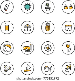 line vector icon set - suitcase vector, sun, flower pot, sunglasses, drink, outdoor cafe, pineapple, swimsuit, ball, diving, tulip, windsurfing, bucket scoop, kite