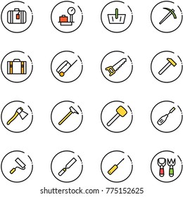 line vector icon set - suitcase vector, baggage scales, basket, job, saw, hammer, axe, mason, rubber, chisel, paint roller, rasp, awl, shovel fork toy