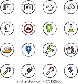 line vector icon set - suitcase vector, identity, dog, pound, no bike road sign, head bulb, flask, cruiser, navigation pin, beanbag, shovel bucket