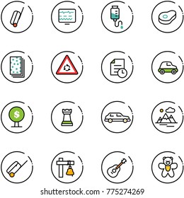 line vector icon set - suitcase vector, diagnostic monitor, drop counter, meat, breads, round motion road sign, history, car, money tree, chess tower, limousine, mountains, ship bell, guitar