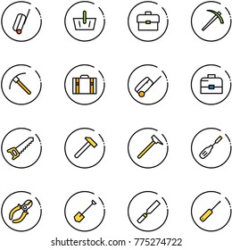 line vector icon set - suitcase vector, basket, portfolio, job, rock axe, case, saw, hammer, mason, chisel, side cutters, shovel, rasp, awl