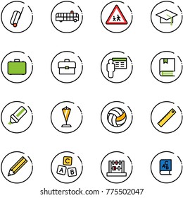 line vector icon set - suitcase vector, airport bus, children road sign, graduate hat, case, portfolio, presentation, book, highlight marker, pennant, volleyball, ruler, pencil, abc cube, abacus