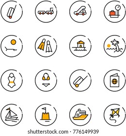 line vector icon set - suitcase vector, baggage truck, trap, scales, lounger, flippers, bungalow, palm, swimsuit, passport, sail boat, sand castle, cruiser, kite