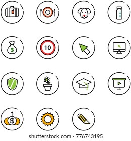 line vector icon set - suitcase vector, plate spoon fork, dog, vial, money bag, speed limit 10 road sign, cursor, monitor, shield, flower pot, graduate hat, presentation board, dollar growth, sun