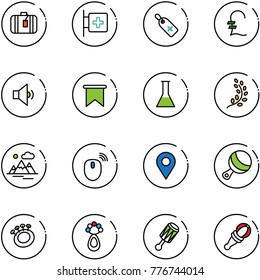 line vector icon set - suitcase vector, first aid room, medical label, pound, low volume, flag, flask, golden branch, mountains, mouse wireless, navigation pin, beanbag