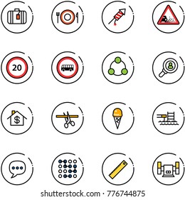 line vector icon set - suitcase vector, plate spoon fork, firework rocket, gravel road sign, speed limit 20, no bus, social, head hunter, home dollar, opening, ice cream, pool, chat, circuit, ruler